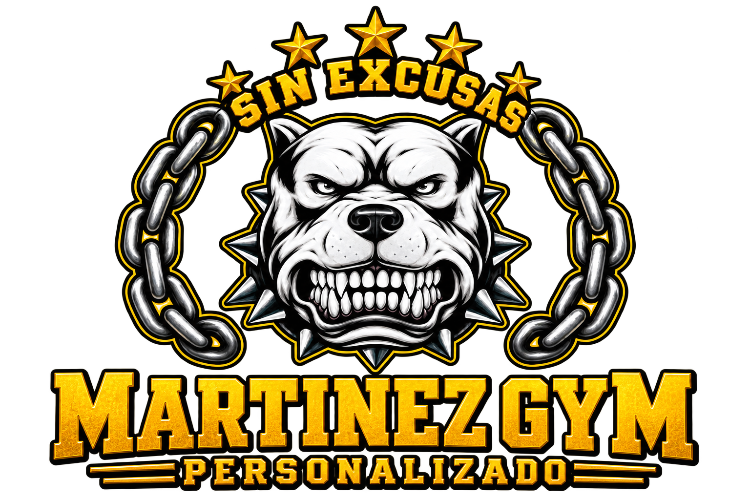 Logo de Martínez Gym: pitbull, cadenas plateadas y letras doradas